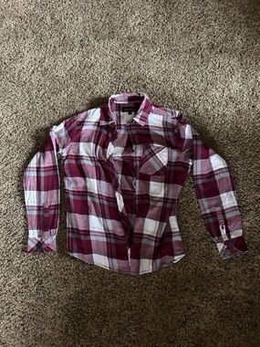 Plaid Button-Up Shirt Jacket in Burgundy and White
